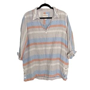 CYNTHIA ROWLEY Linen Striped Popover Tunic Blouse Collar XL